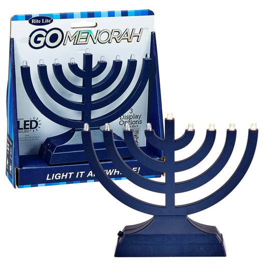 Rite Lite Go Menorah Mini Metallic Electric Menorah - LED Battery/USB Powered Chanukah Menorah Jewish Holiday - Office Car Home Decorations Judaica Hanukkah Gifts, Push Button Multi Light - Blue